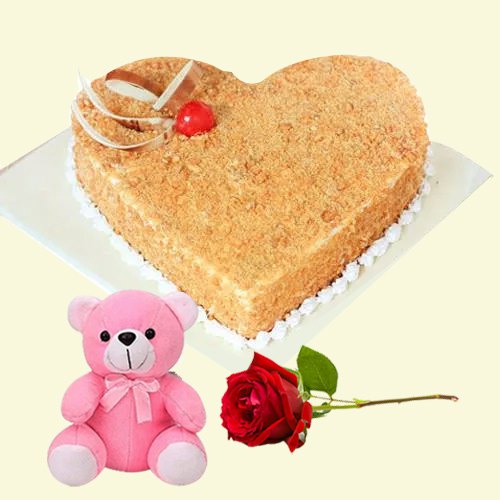 Heart-Shaped Butter Scotch Cake with Rose N Teddy