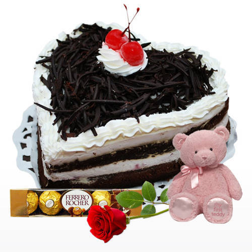 Red Rose with Ferrero Rocher, Black Forest Cake N Teddy
