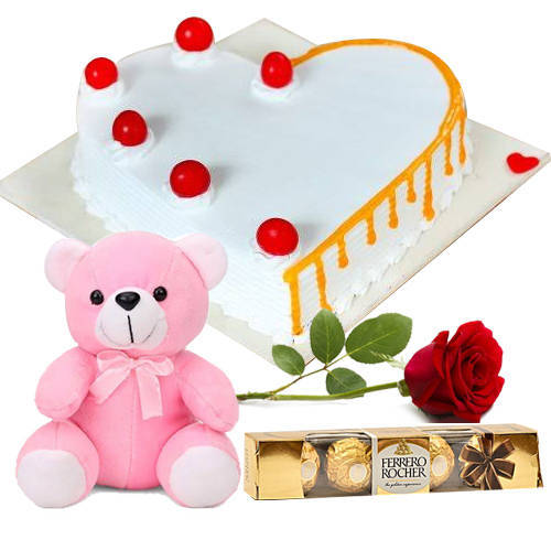 Vanilla Cake with Ferrero Rocher Teddy N Red Rose