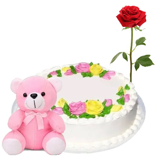 Delicious Eggless Vanilla Cake with Teddy N Rose