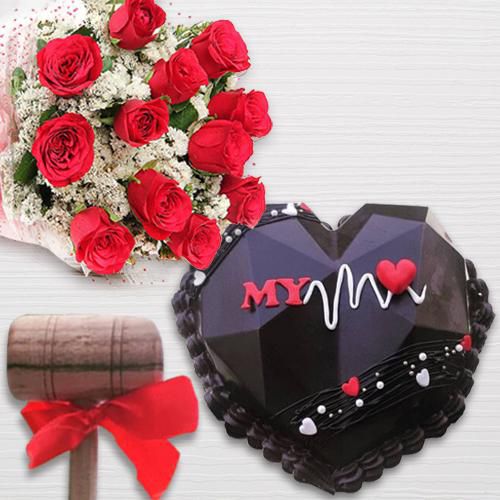 Delicious My Heart Piñata Cake with Red Roses Bouquet