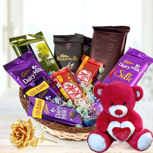 Charming Chocolate Assortments Gift Basket with Teddy N Golden Rose
