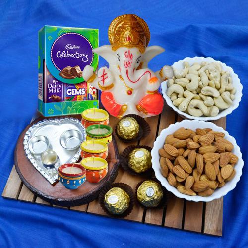 Cherished Gift of Puja Thali Dry Fruits Chocolates N More