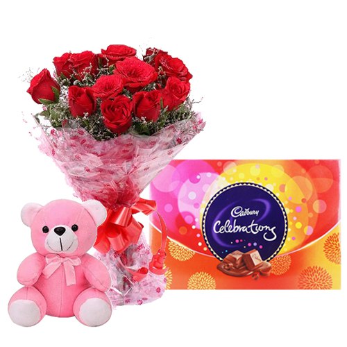 Teddy with Red Rose Bunch N Cadbury Celebrations Combo