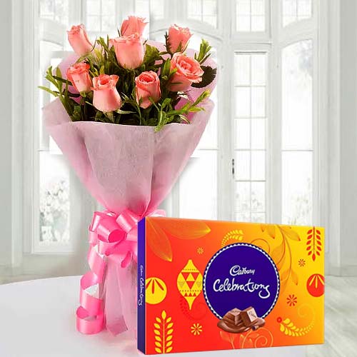Tempting Cadbury Celebrations with Pink Rose Bouquet