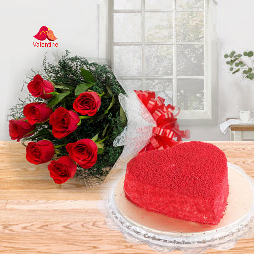 Romantic Red Roses Bouquet with Heart Shape Red Velvet Cake