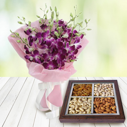 Striking Orchids Bouquet with Dry Fruits