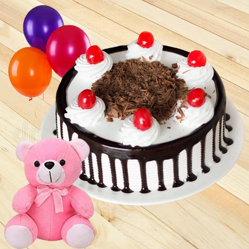 Charming Single Rose with Black Forest Cake, Teddy and Balloons