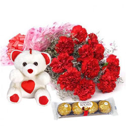 Ravishing Carnations Bouquet with Teddy N Ferreo Rocher