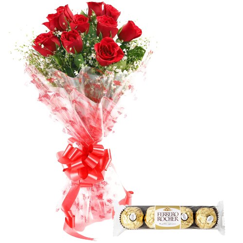Delectable Ferrero Rocher with Red Roses Bouquet
