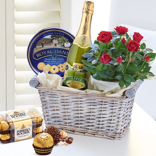 Delicious Gourmet Gift Basket with Red Rose Bouquet