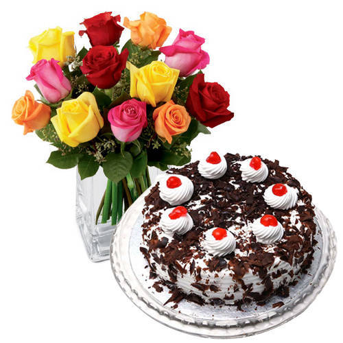 Fresh Black Forest Cake from 5 Star Bakery with Stunning Mixed Roses
