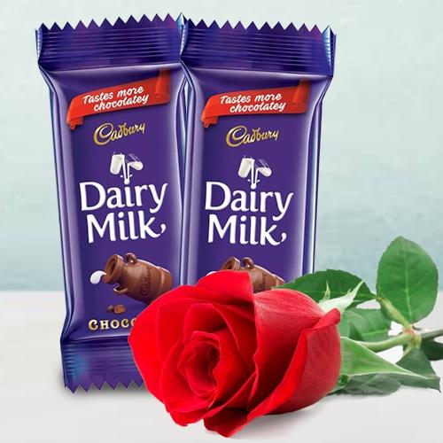 Amazing Twin Cadbury Dairy Milk Chocolate Bar with a Single Red Rose