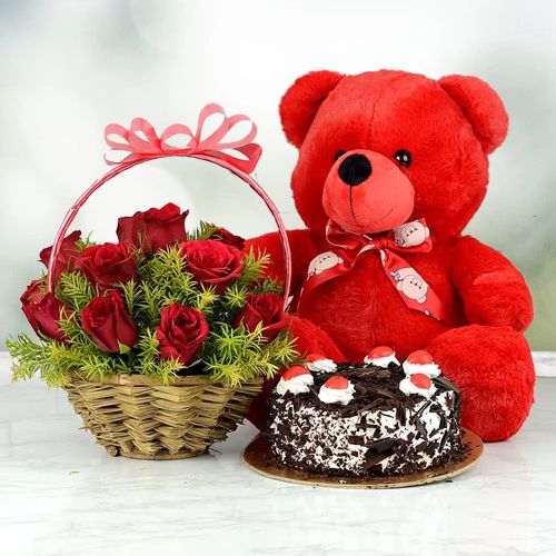 Lovely Gift of Red Roses and Teddy with Black Forest Cake