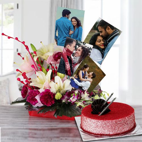 Romantic Basket of Personalized Picture n Mixed Flowers with Red Velvet Cake