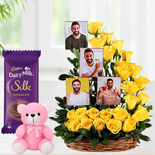 Beautiful Basket of Roses n Personalized Pictures with Cute Teddy and Cadbury Silk