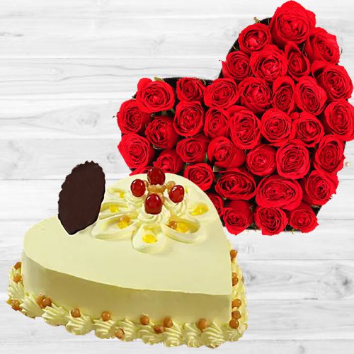 Romantic Duo of Heart Shape Red Roses Bunch n Butter Scotch Love Cake