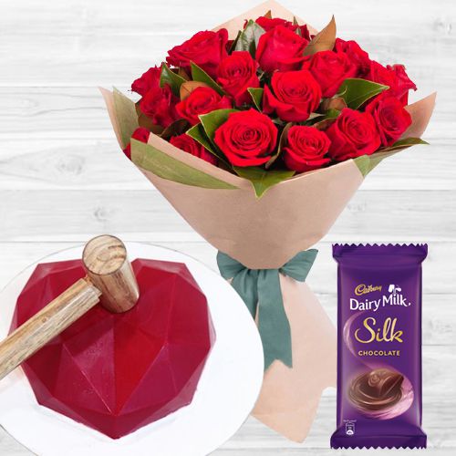 Splendid Combo of Red Roses Bouquet Bleeding Love Hammer Cake n Cadbury Silk