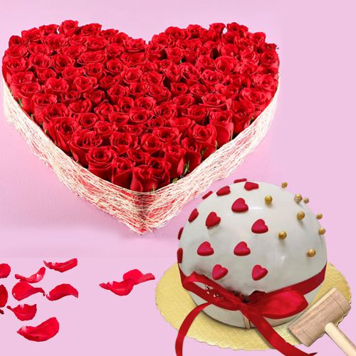 Breathtaking Combo of 100 Red Roses Hearty Arrangement with Ball of Love Pinata Cake