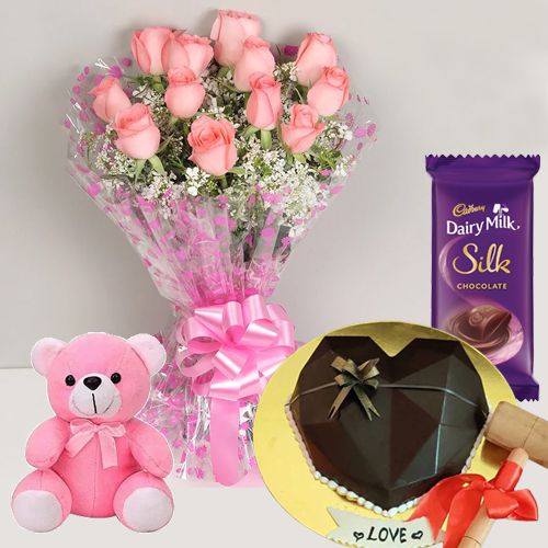 Glamorous Pink Rose Bouquet Love Shape Pinata Cake Teddy N Cadbury Silk