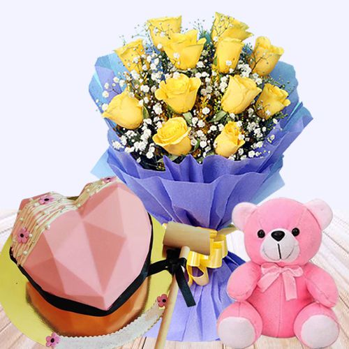 Unique Yellow Roses Bouquet Heart Shape Strawberry Hammer Cake n a Cute Teddy