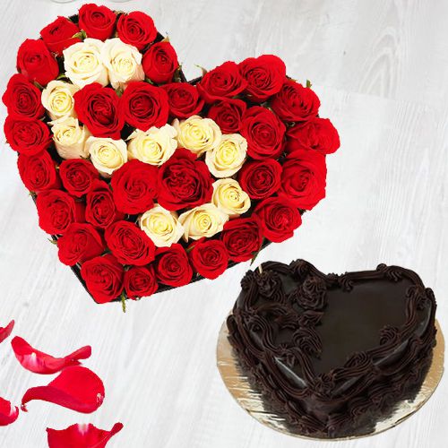 Gorgeous Heart Shape Arrangement of Red and White Roses with  Love Chocolate Cake
