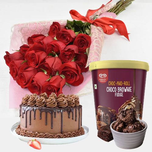 Special Combo of Kwality Walls Choco Brownie Ice Cream n  Rose Bouquet with Chocolate Cake
