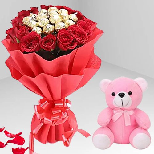 Stunning Red Roses N Ferrero Rocher Bouquet with Cute Teddy