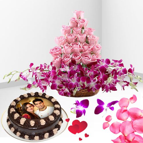 Fantastic Pink Roses n Purple Orchids in Basket with Photo Cake