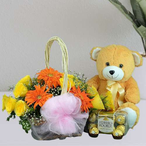 Pristine Mixed Flower Basket n Ferrero Rocher with Brown Teddy