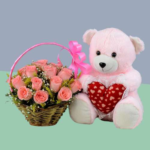 Clad in Pink Roses Basket with Cute Teddy