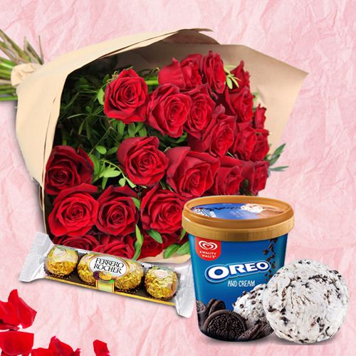 Stunning Red Roses Bouquet with Kwality Walls Oreo Ice Cream n Ferrero Rocher