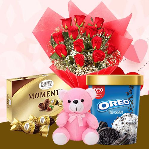 Radiant Red Roses n Kwality Walls Oreo Ice Cream with Ferrero Moments n Teddy