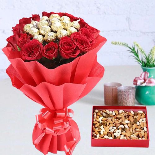 Amazing Bouquet of Red Roses n Ferrero Rocher Chocolates with Dry Fruits in Box