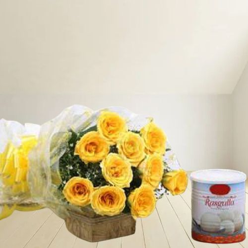 Elegant Bouquet of Yellow Roses with Haldiram Rasgulla for Mom