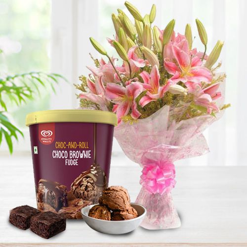 Elegant Pink Lily Bouquet with Choco Brownie Fudge Ice Cream from Kwality Walls