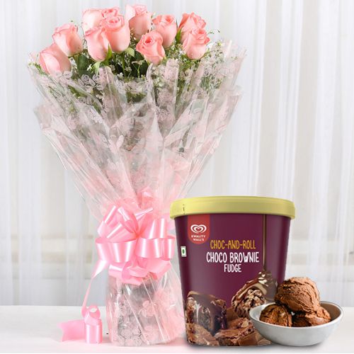 Exotic Pink Rose Bouquet with Choco Brownie Fudge Ice Cream from Kwality Walls
