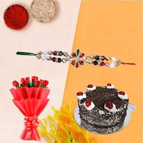 Appealing Rakhi Selection Gift of Red Roses and Black Forest Cake with Rakhi Roli Tilak and Chawal for your Loving Brother<br><br>