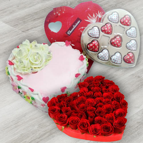 Gift of Roses with Heart Shaped Chocolate Box N Love Cake