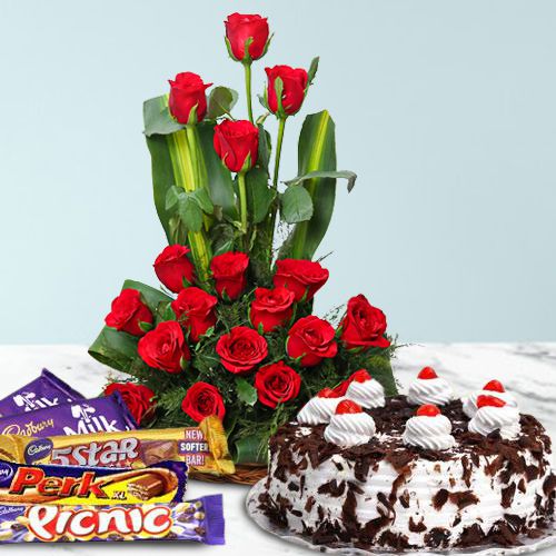18 Dutch Red Roses Bouquet with 1 Lbs. Black Forest Cake and 1 Cadbury's Celebration Pack