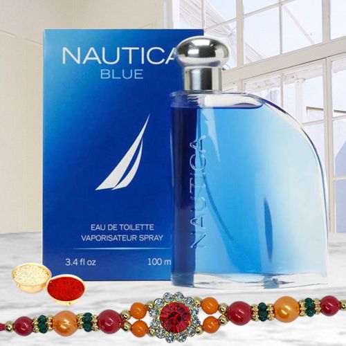 Impressionable Nautica Blue Perfume for Men with Rakhi Roli Tilak and Chawal for Special Rakhi Festival