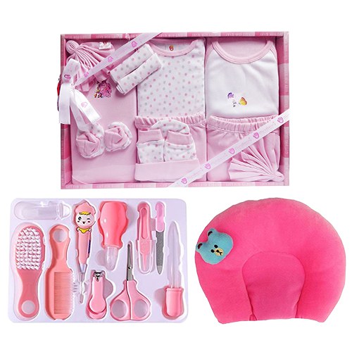 Outstanding Baby Clothing Set with Grooming Kit N Neck Supporting Pillow Combo