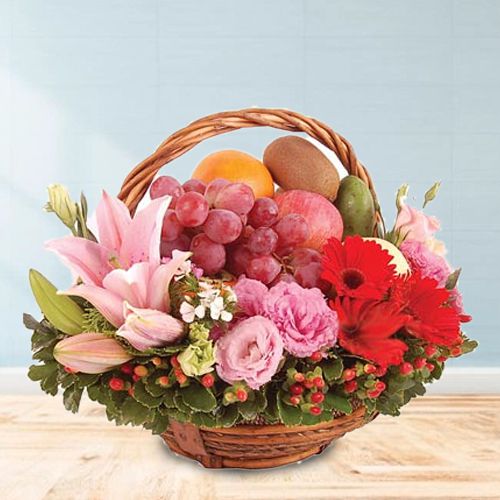 Beautiful Mothers Day Mixed Fruit Basket with Flowers