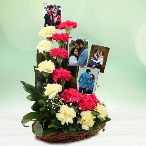 Impressive Basket Arrangement of Mixed Carnations with Personalized Pics