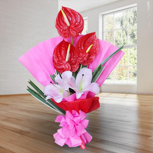 Elegant Bouquet of Red Anthodium n Pink Lilies