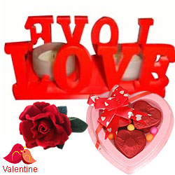 Love Candle Stand Gift with 2 Candles with a 3 pcs Heart Shaped Hand Made Chocolate & a Free Velvet Rose
