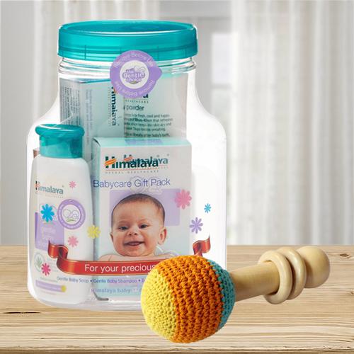Exclusive Wooden Rattle Toy with Himalaya Herbals Babycare Gift Jar
