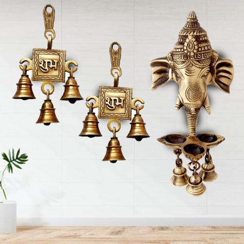Marvelous Ganesha Wall Hanging Deepak with Bells N Shubh Labh Hanging Bells
