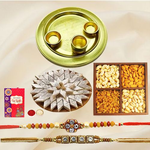 Impressive Rakhi Special Present of Decorative Gold Plated Thali Yummy Kaju Katli and Dry Fruits with 2 free Rakhi Roli Tilak and Chawal for your Dear Brother
