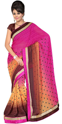 Spectacular Pink Chrome and Brown in Shades Gorgettee Printted Saree